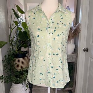 Modcloth Light Green Sleeveless Daisy Button-Down Top Lace Trim